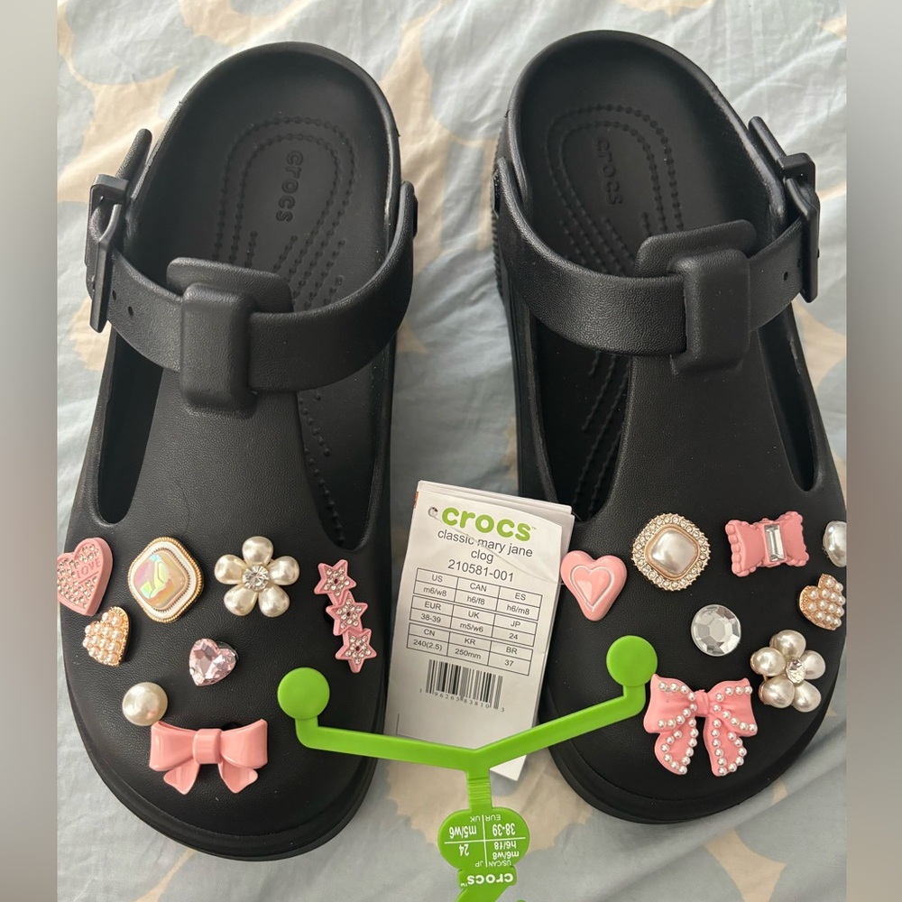 Mary Janes Crocs size 38-39 black with pearls hearts and bows pins  cute demure